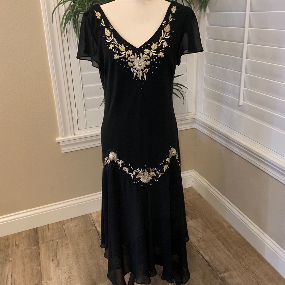 S L. fashions Sz 14 Black Midi Evening Dress